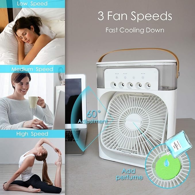 Mini Air Cooler: 3-Speed Mist Fan, 7-Color LED, Timer, USB Humidifier