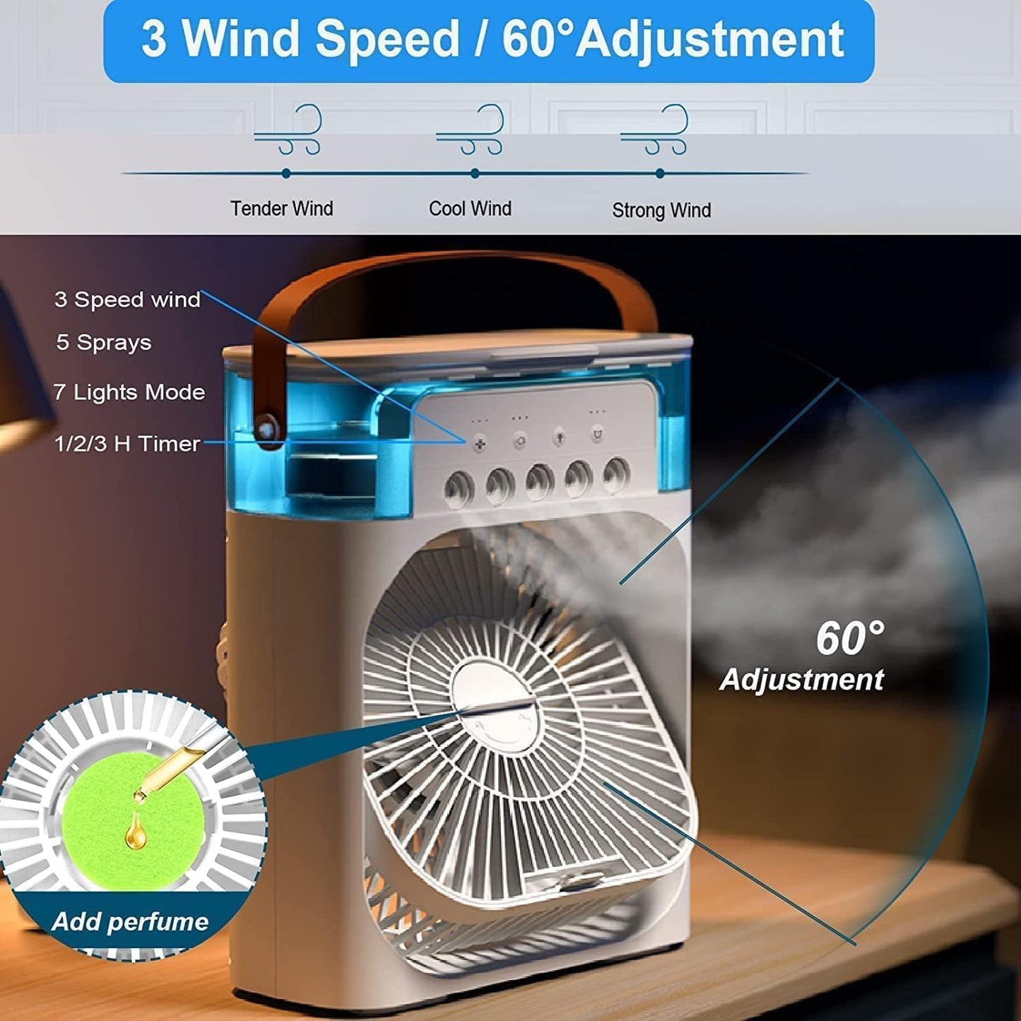 Mini Air Cooler: 3-Speed Mist Fan, 7-Color LED, Timer, USB Humidifier