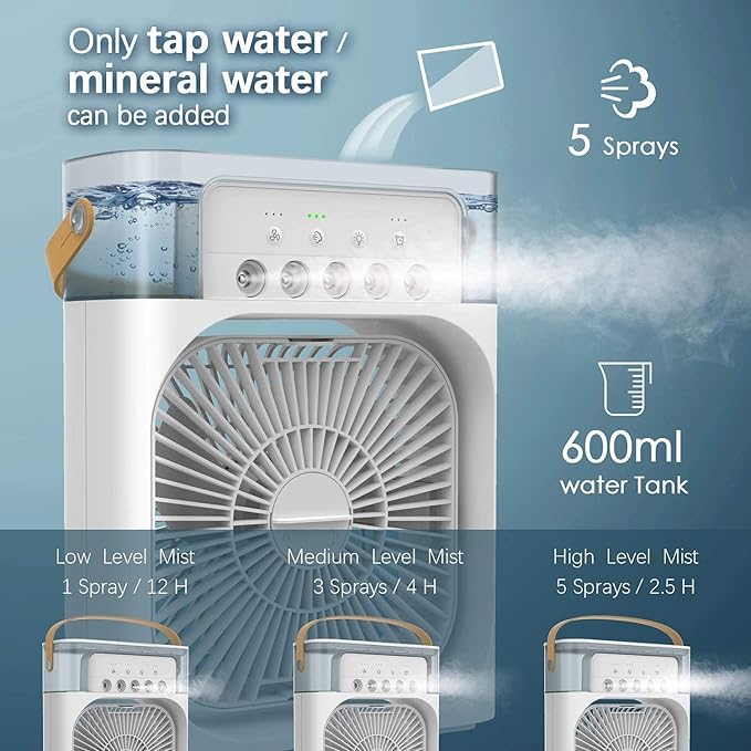 Mini Air Cooler: 3-Speed Mist Fan, 7-Color LED, Timer, USB Humidifier